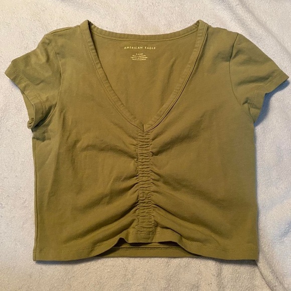 American Eagle V-Neck Ruched Olive Green Crop Top - Picture 2 of 2